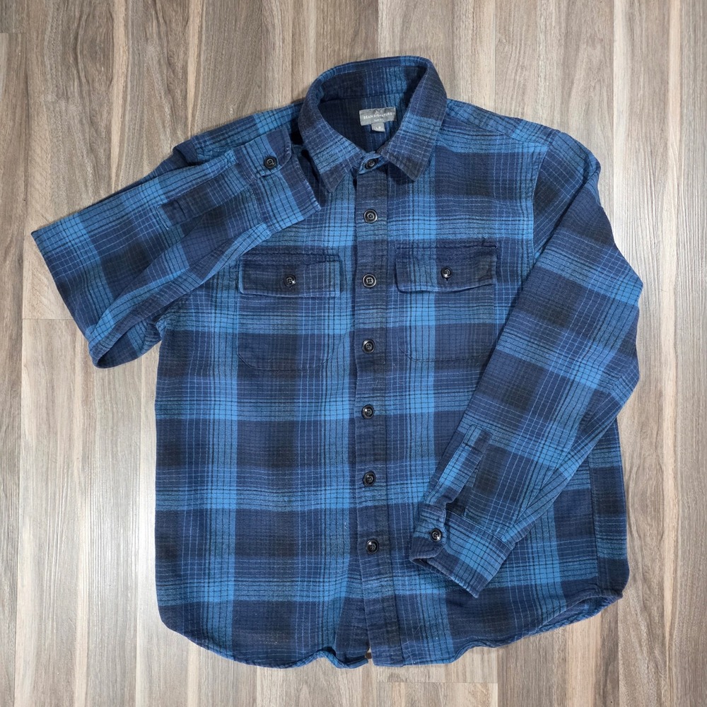 LL Bean Signature‎ Flannel Shirt Mens Large Blue Plaid Slim Fit Button Down L-R